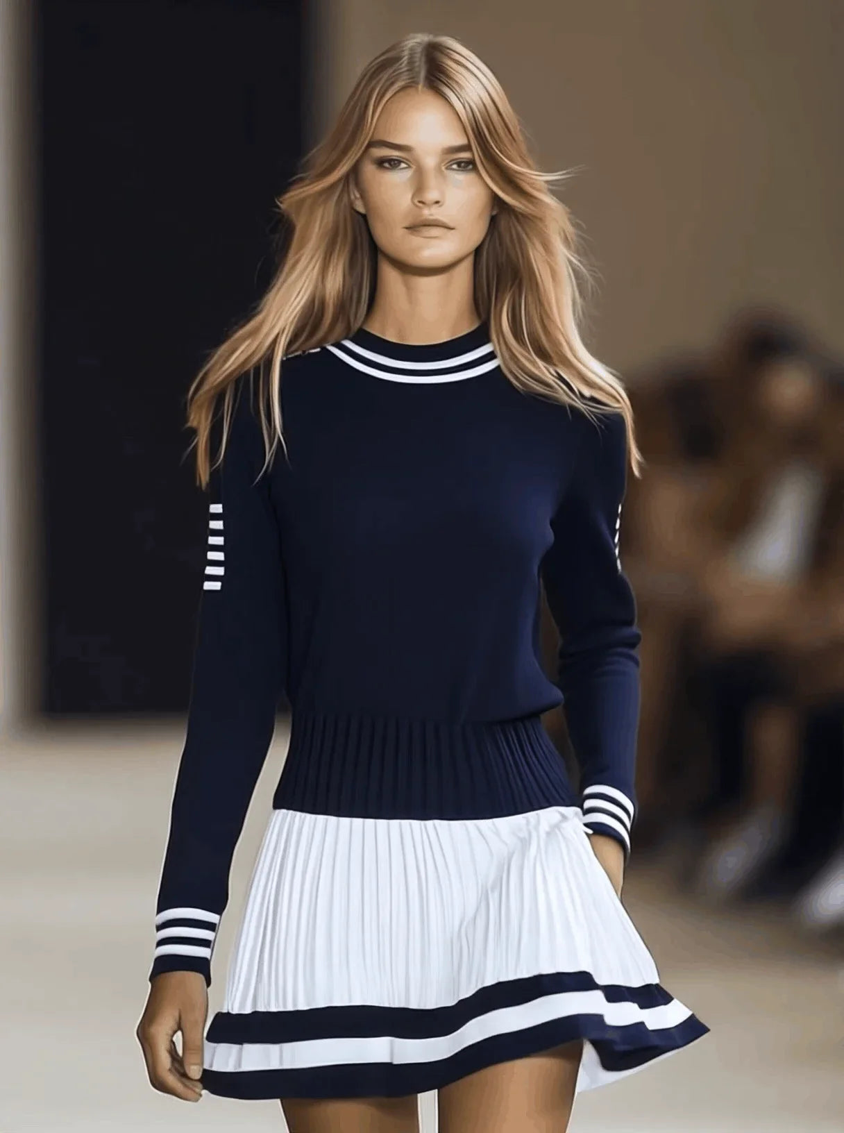 Women's Striped Knit Dress with Pleated Skirt - photo 2