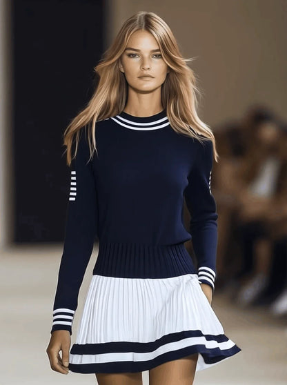 Women's Striped Knit Dress with Pleated Skirt - photo 2
