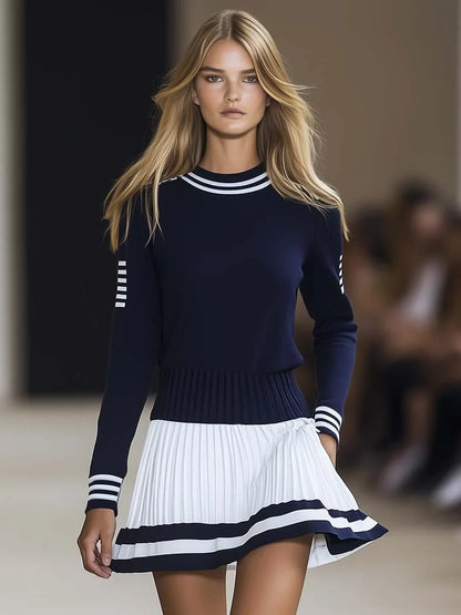 Women's Striped Knit Dress with Pleated Skirt - photo 3