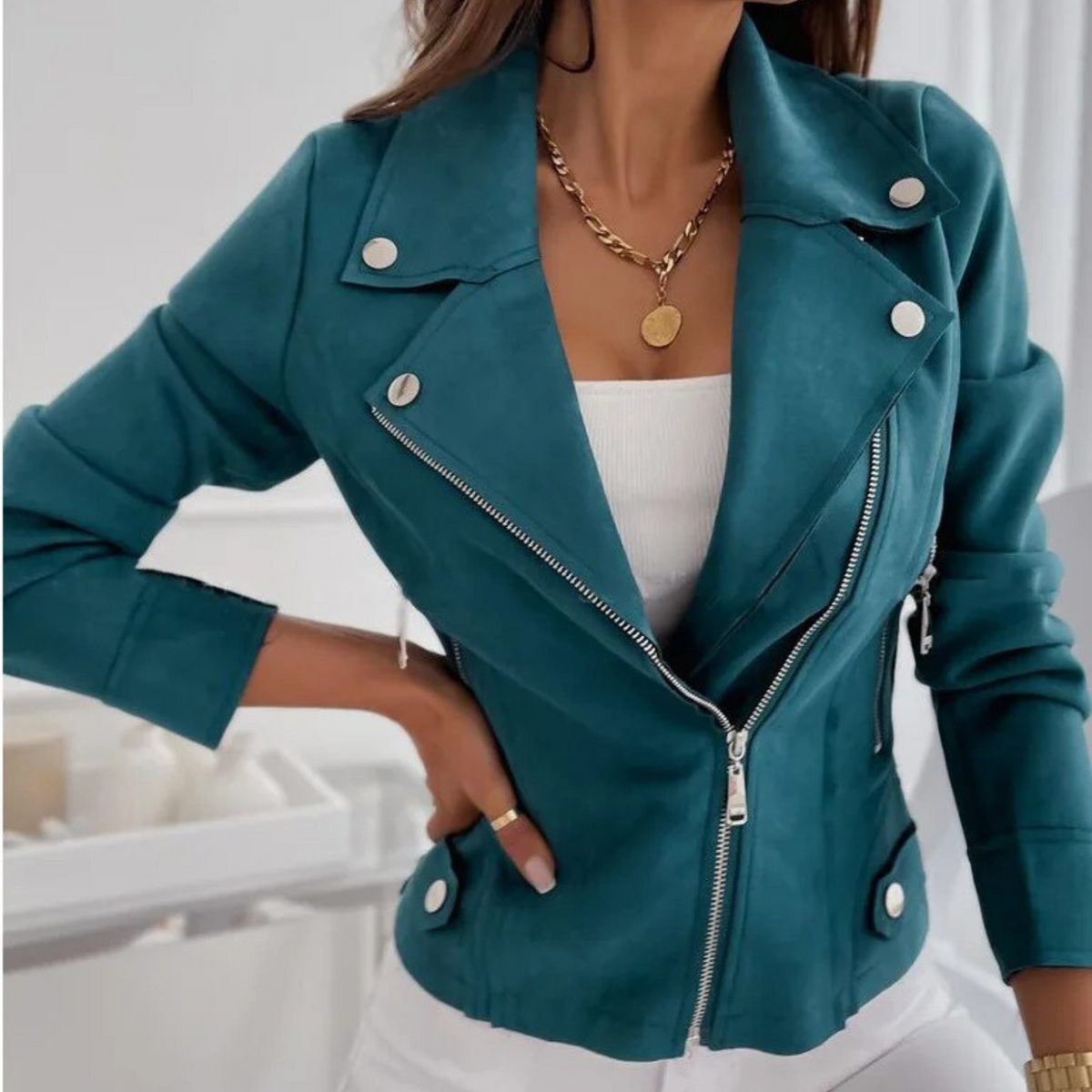 Women's Suede Biker Jacket with Zip Front - photo 3