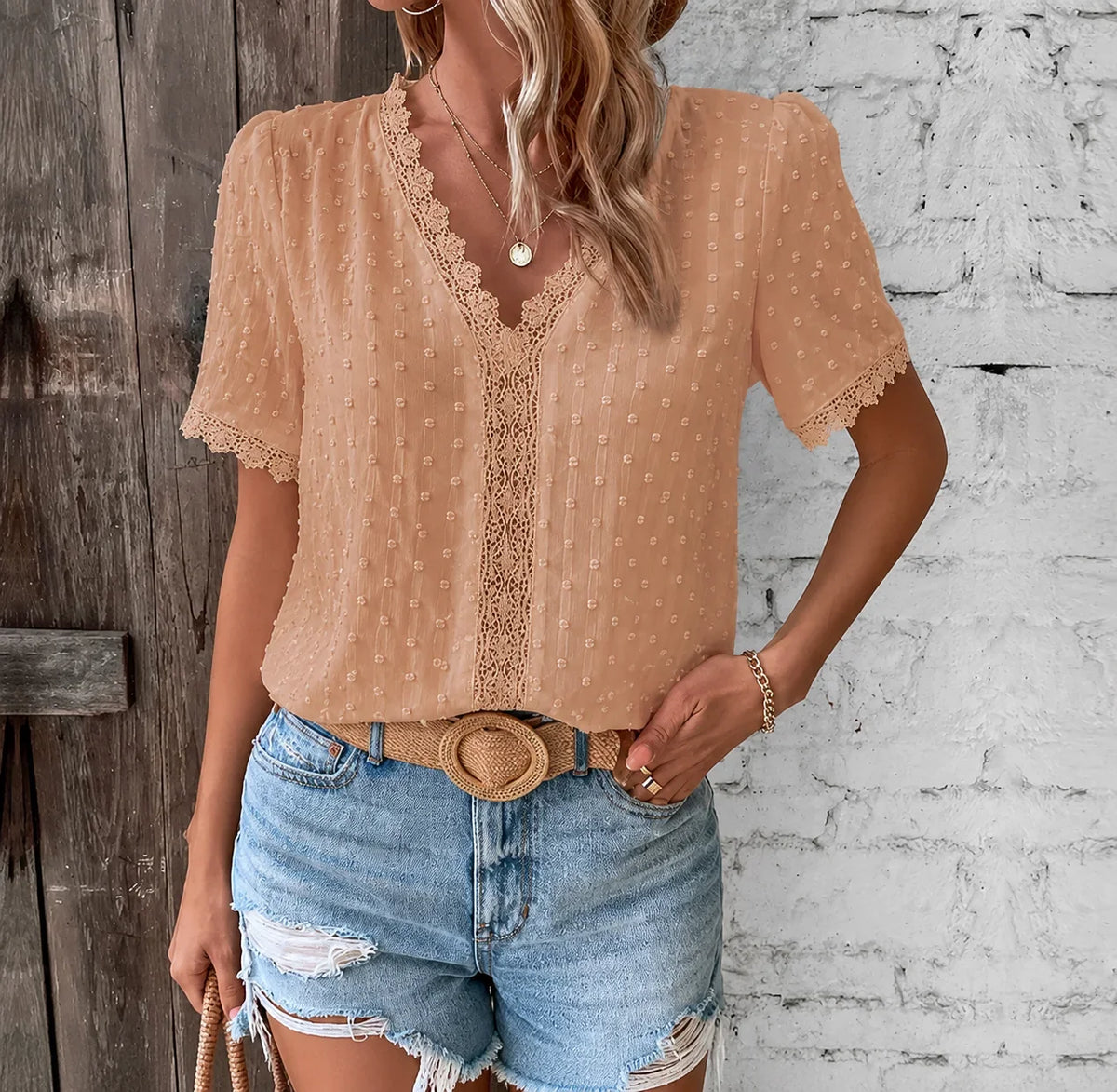Women's Swiss Dot Blouse with Lace Panels - photo 1