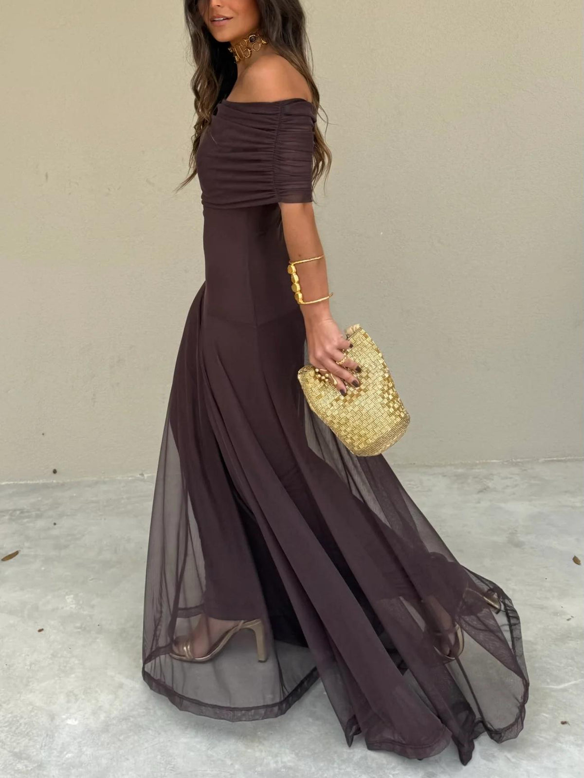 Women's Wedding Guest Maxi Dress with Mesh Overlay