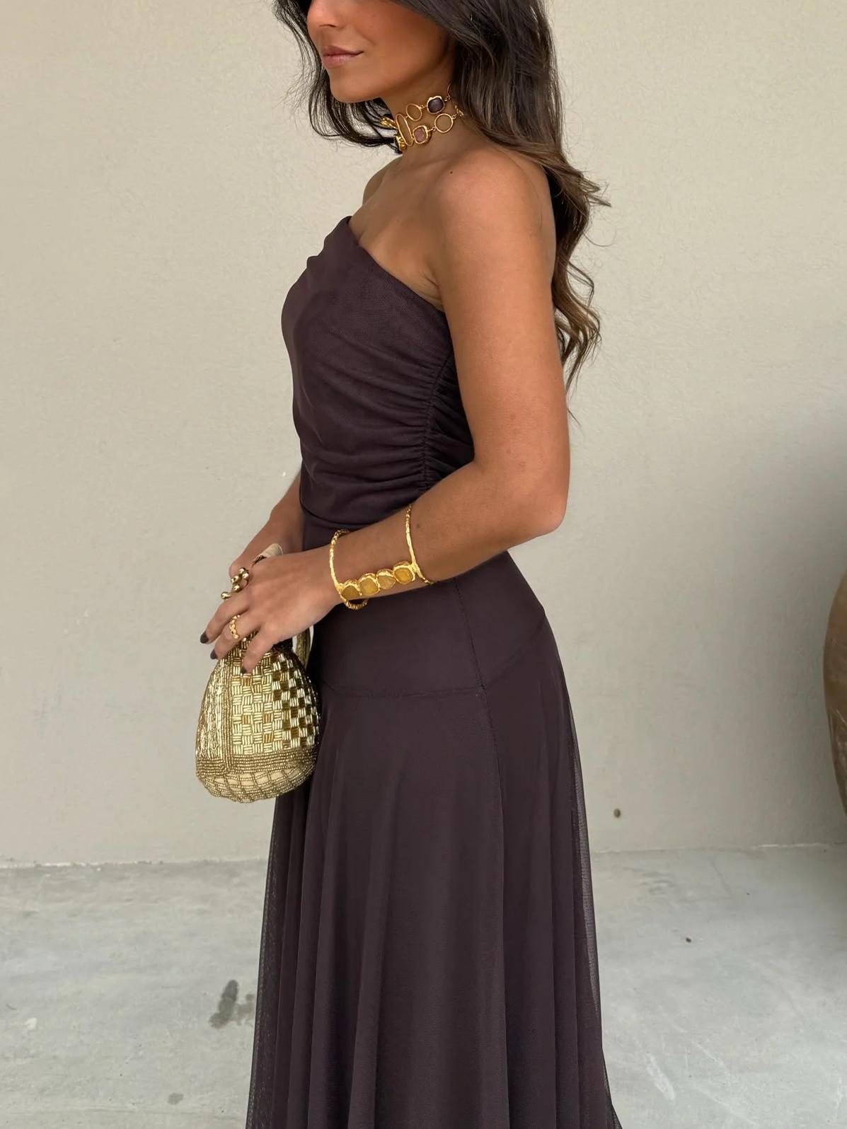 Women's Wedding Guest Maxi Dress with Mesh Overlay