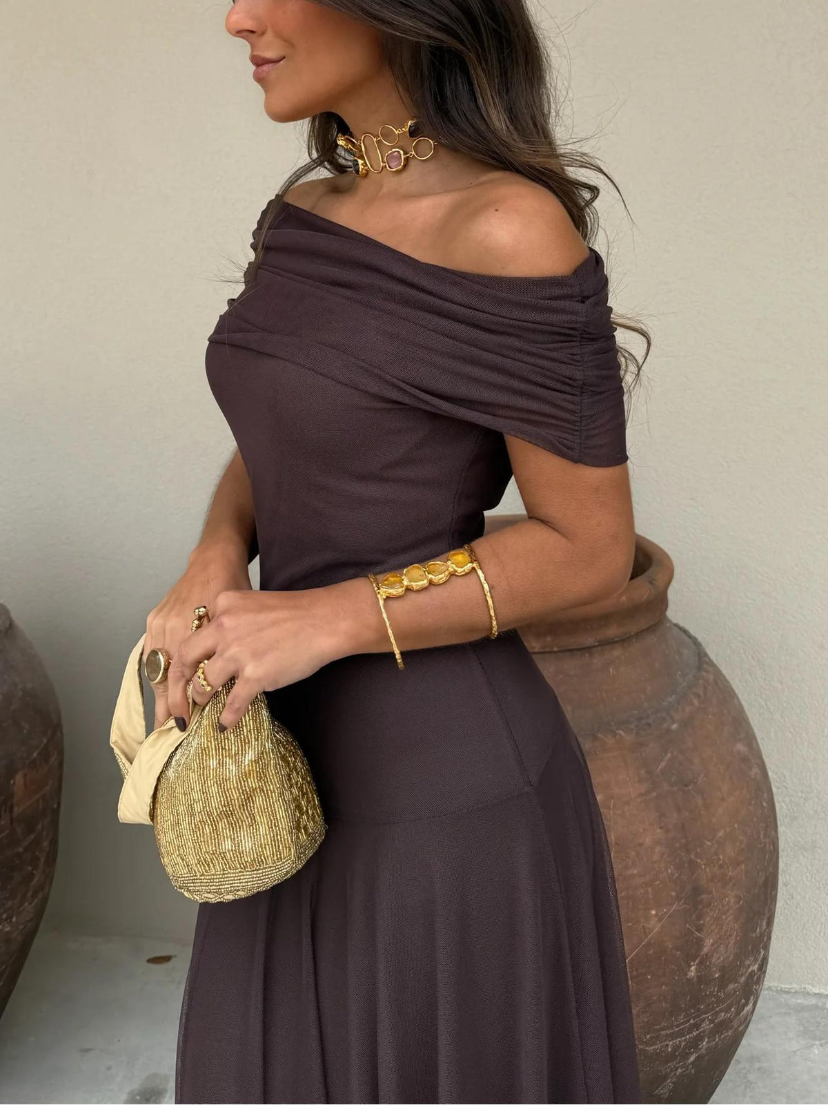 Women's Wedding Guest Maxi Dress with Mesh Overlay