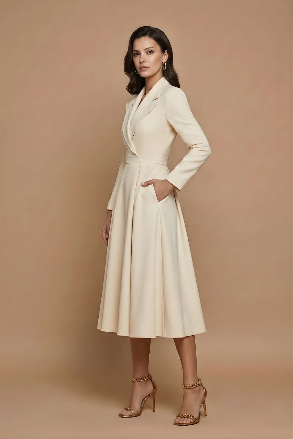Women's A-Line Midi Dress with Notched Lapel