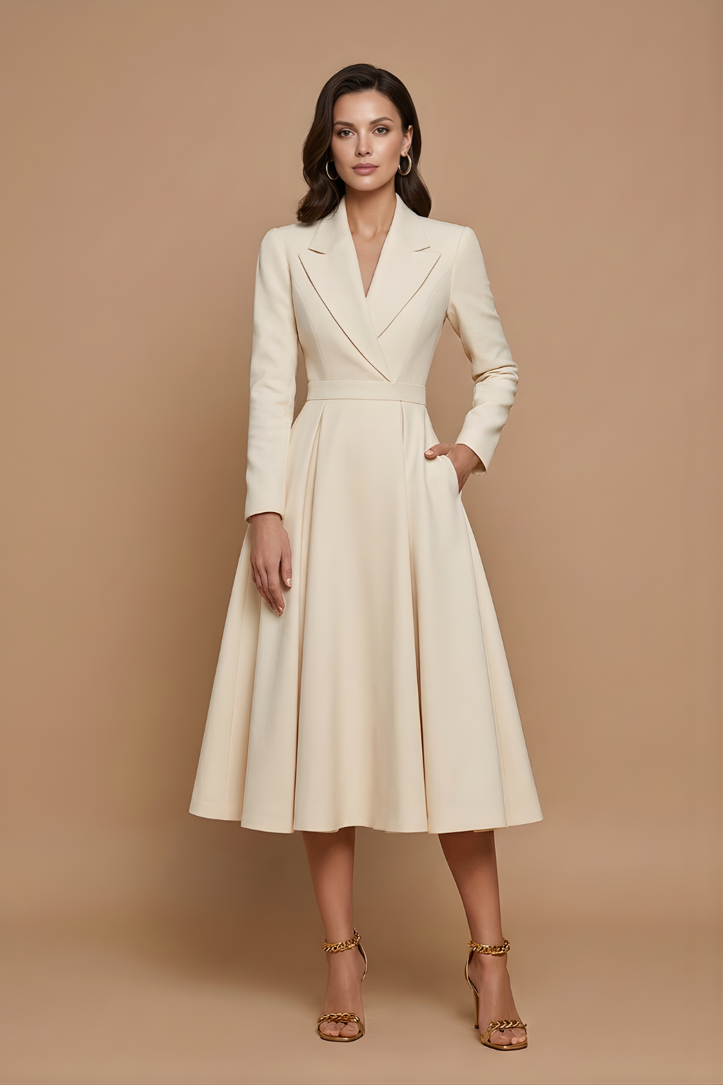 Women's A-Line Midi Dress with Notched Lapel - Beige