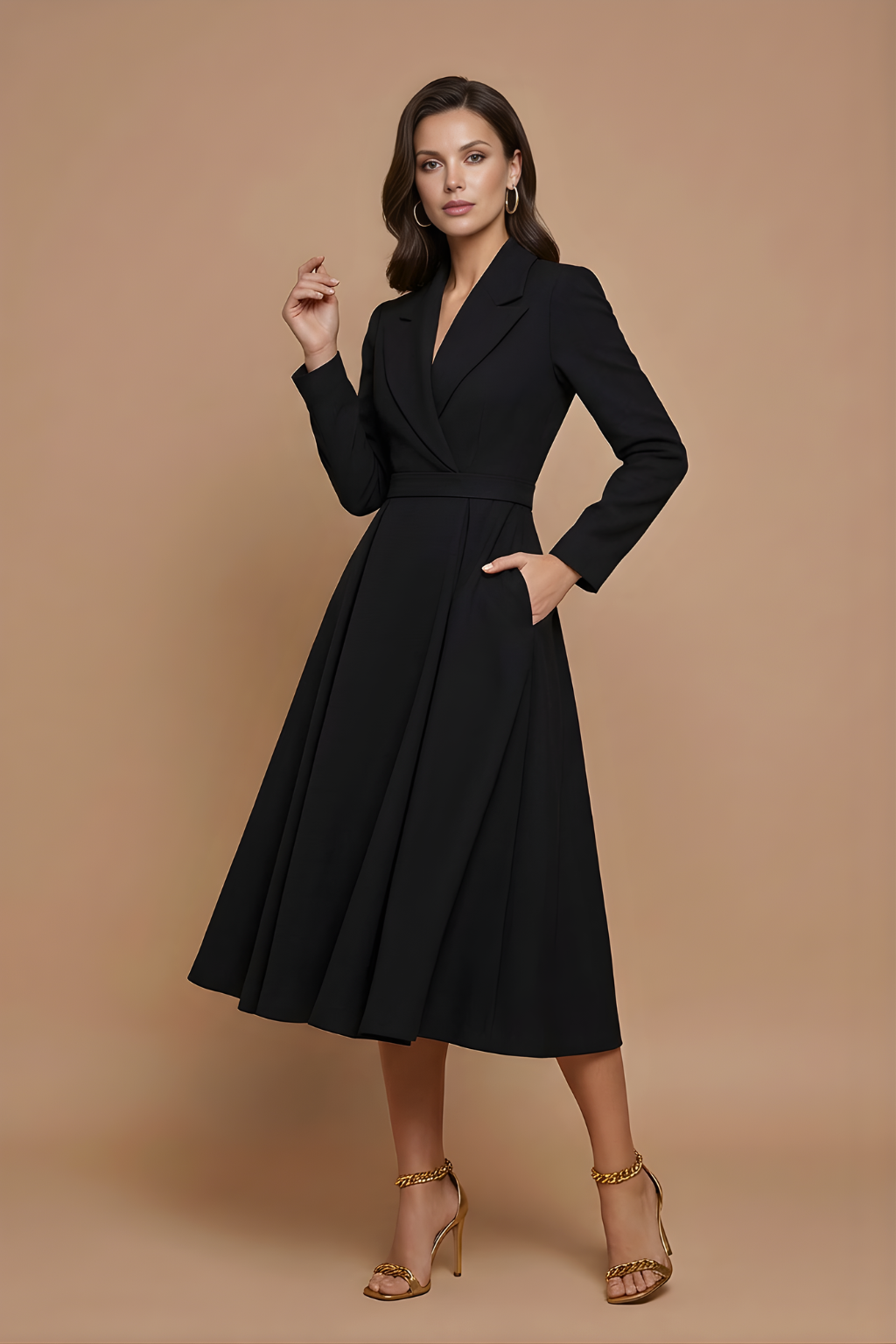 Women's A-Line Midi Dress with Notched Lapel - Black