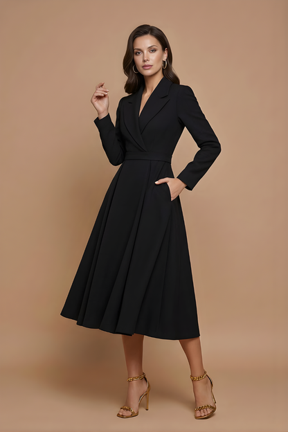 Women's A-Line Midi Dress with Notched Lapel - Black