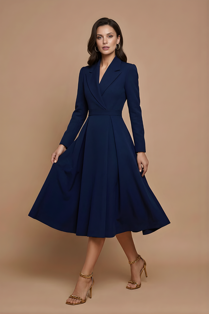 Women's A-Line Midi Dress with Notched Lapel - Navy