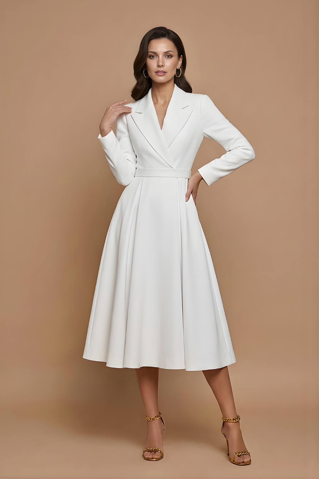 Women's A-Line Midi Dress with Notched Lapel - White