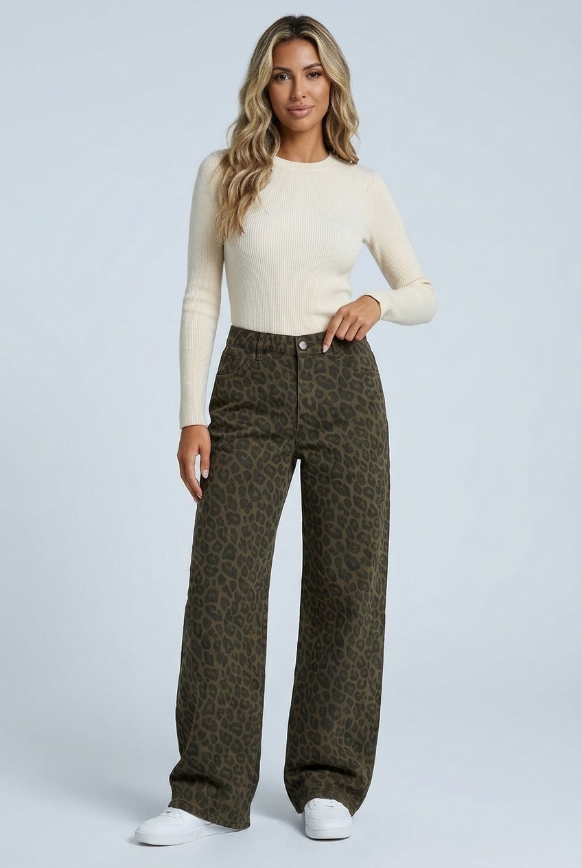 Women's animal print wide leg trousers with five pockets, full-length view