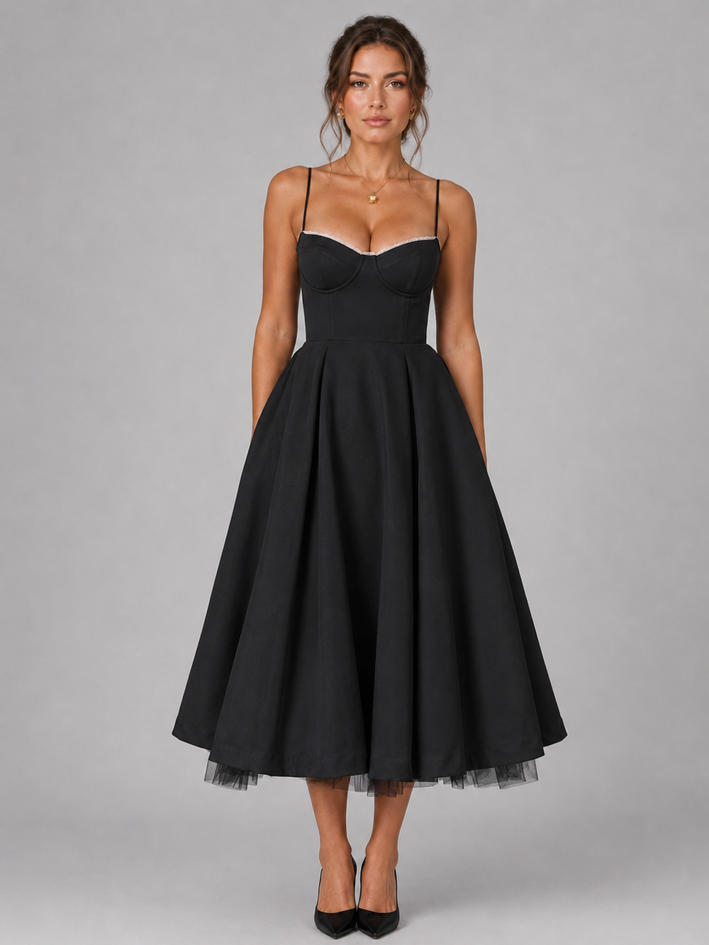 Women's Corset Midi Wedding Guest Dress With Full Skirt-7