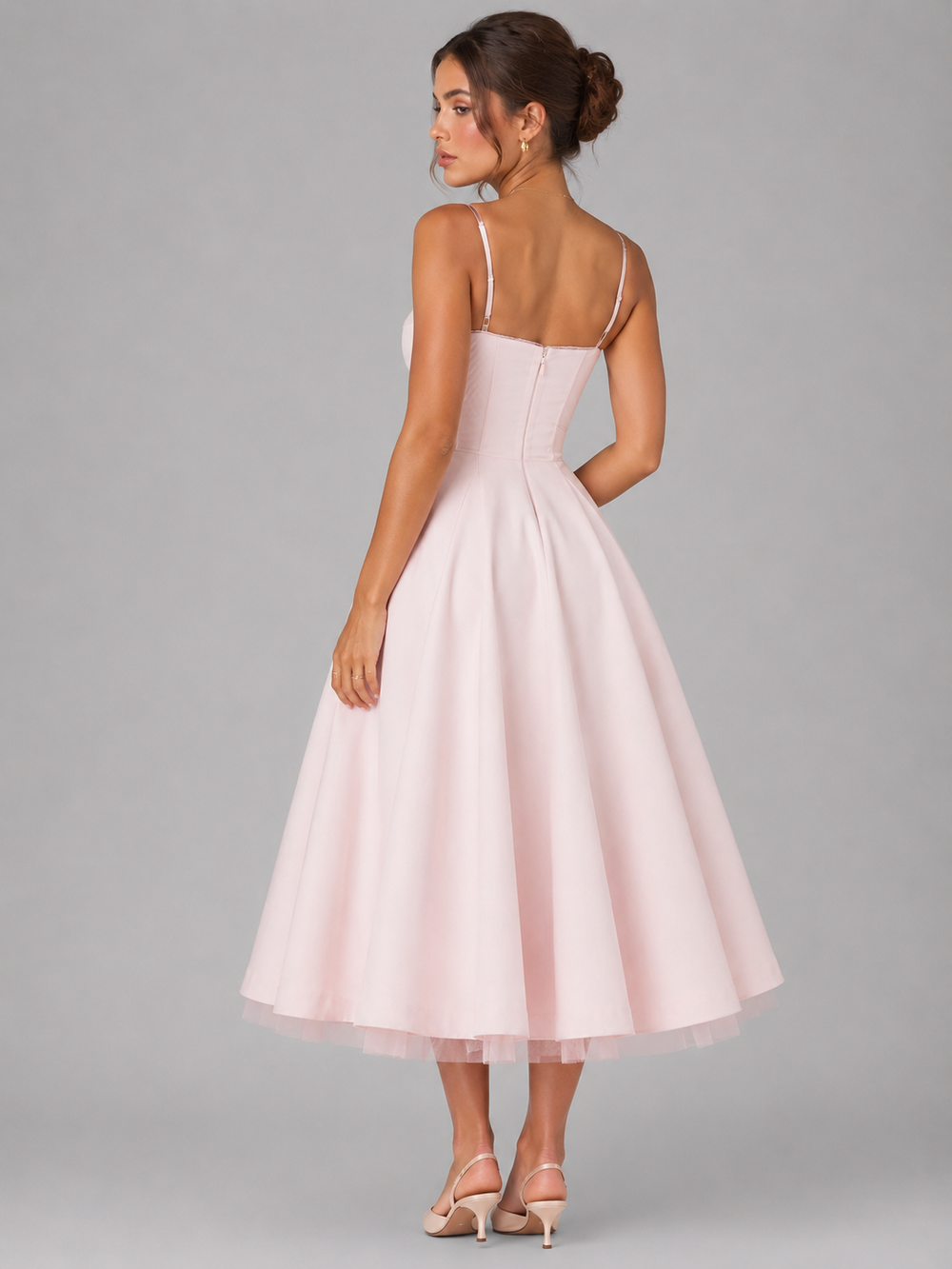 Women's Corset Midi Wedding Guest Dress With Full Skirt-2