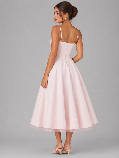 Women's Corset Midi Wedding Guest Dress With Full Skirt-2