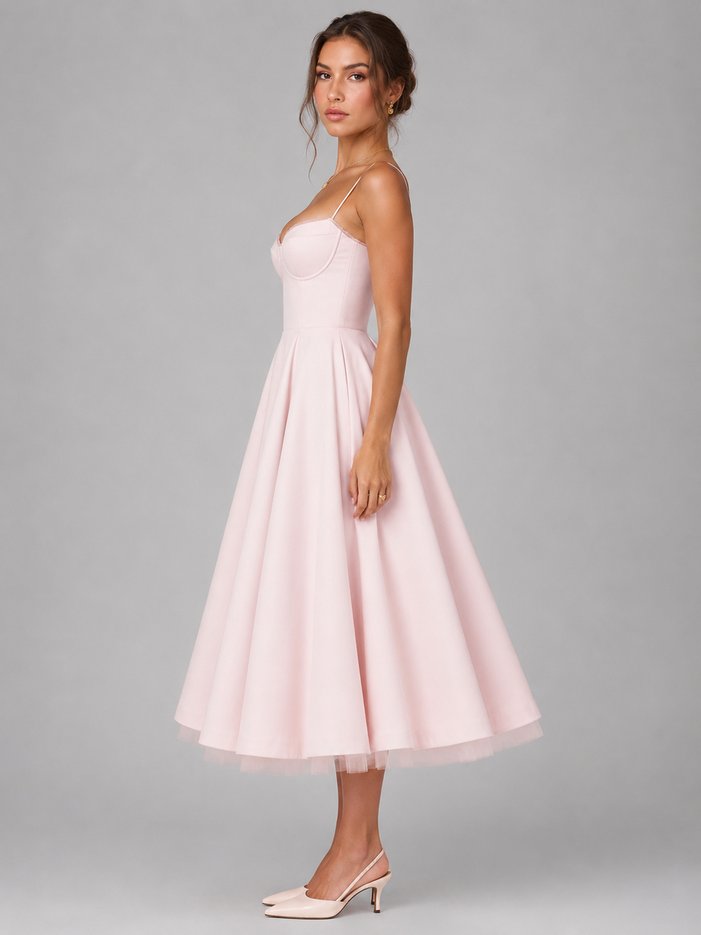 Women's Corset Midi Wedding Guest Dress With Full Skirt-3