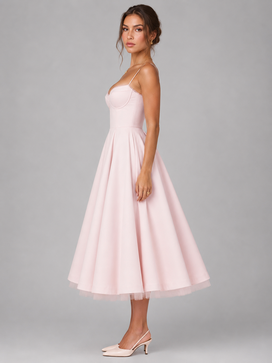 Women's Corset Midi Wedding Guest Dress With Full Skirt-3