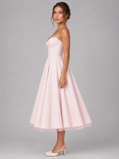 Women's Corset Midi Wedding Guest Dress With Full Skirt-3