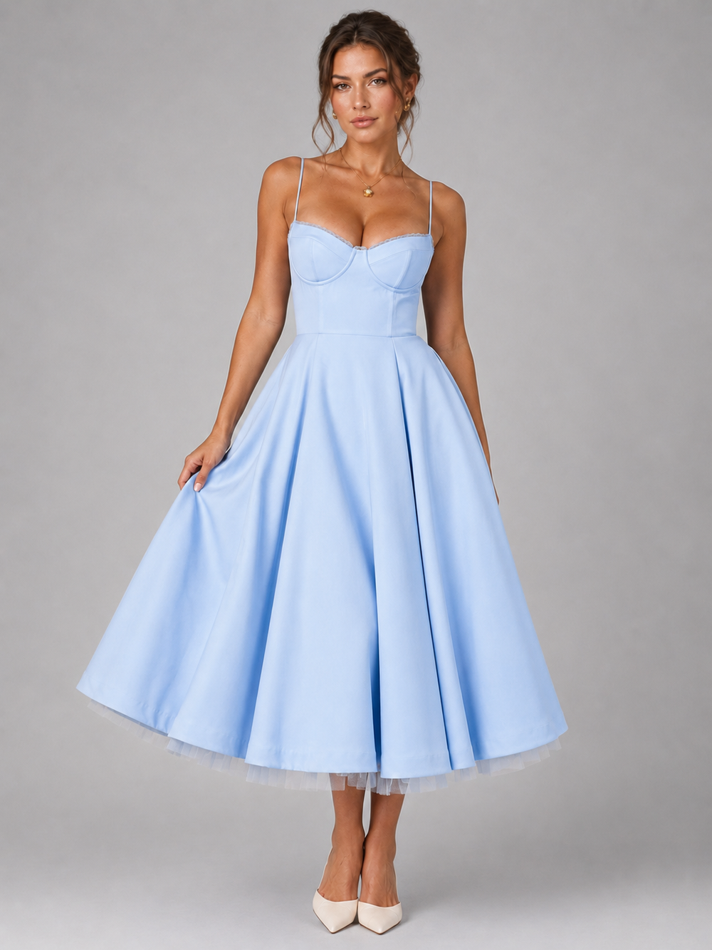 Women's Corset Midi Wedding Guest Dress With Full Skirt-4
