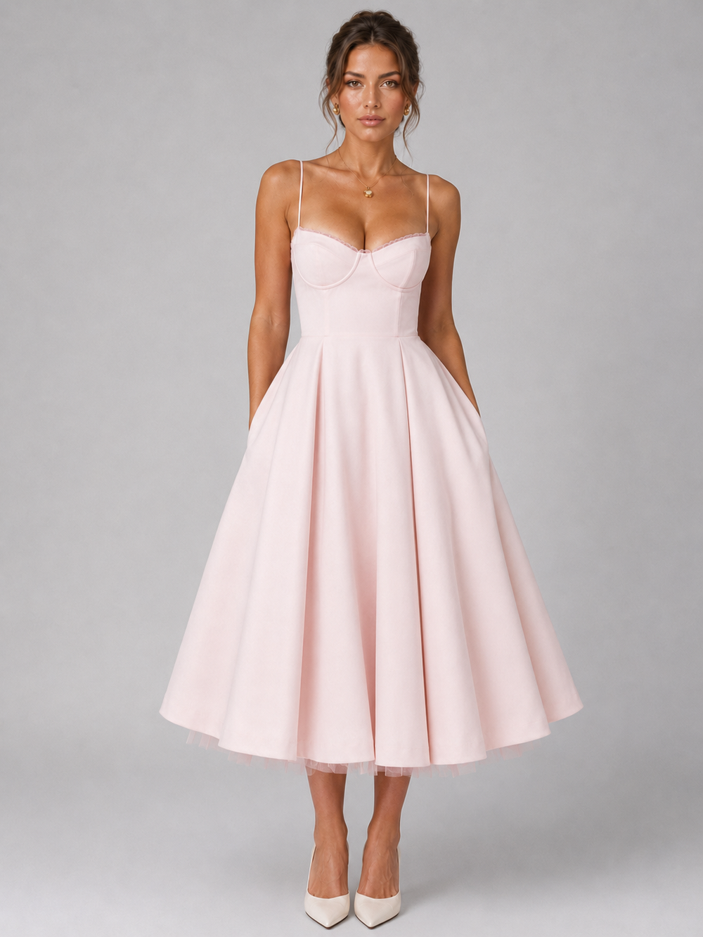 Women's Corset Midi Wedding Guest Dress With Full Skirt-1