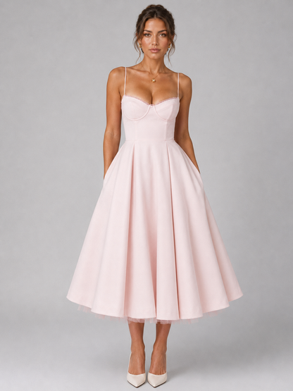 Women's Corset Midi Wedding Guest Dress With Full Skirt-1