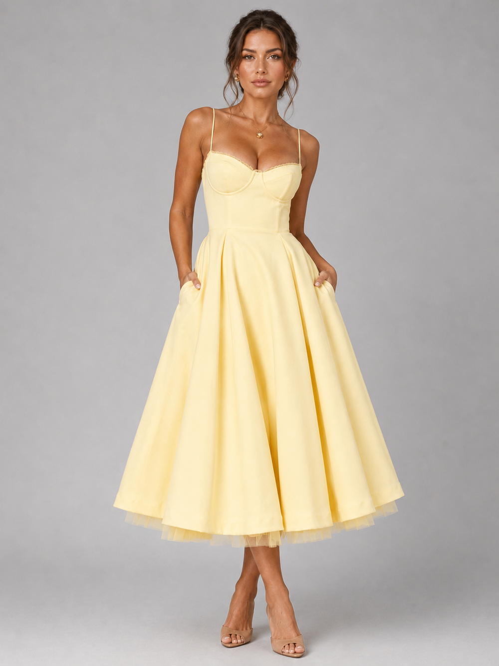 Women's Corset Midi Wedding Guest Dress With Full Skirt-5