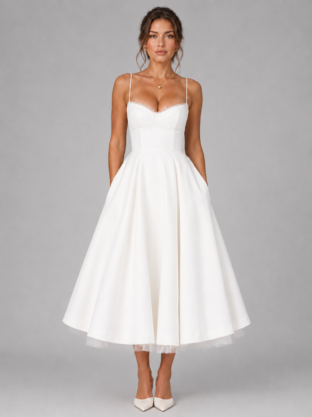 Women's Corset Midi Wedding Guest Dress With Full Skirt-6