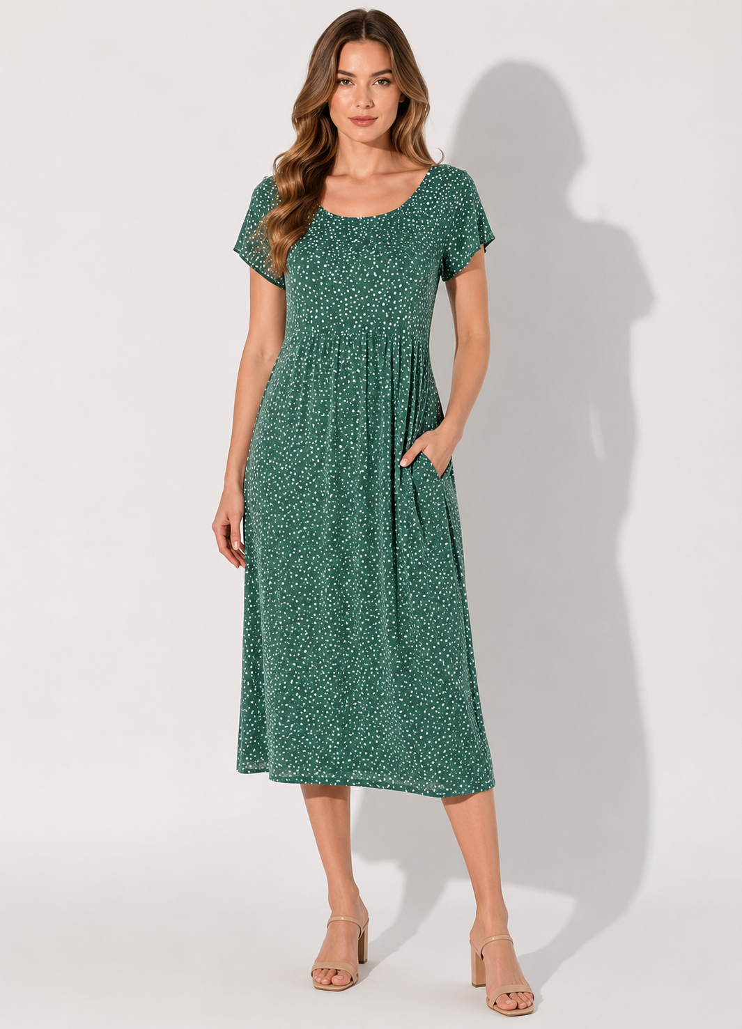 Women's Dotted Midi Dress with Gathered Waist