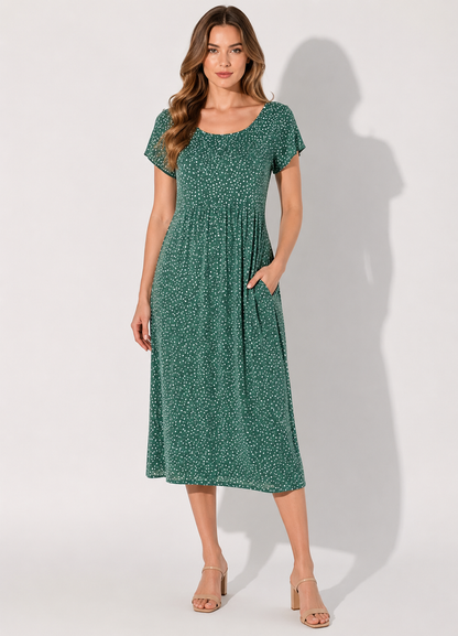 Women's Dotted Midi Dress with Gathered Waist