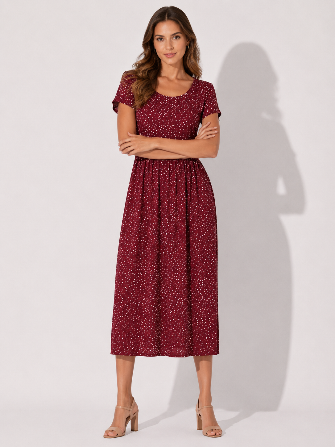 Women's Dotted Midi Dress with Gathered Waist – view 3