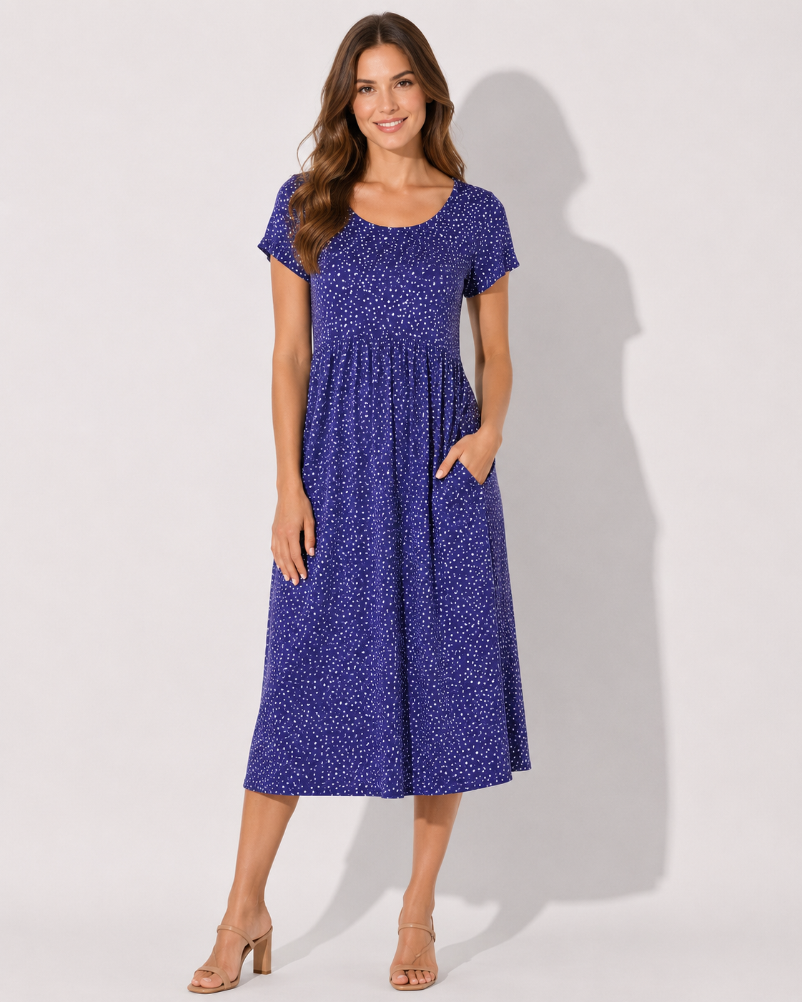 Women's Dotted Midi Dress with Gathered Waist – view 4