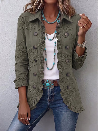 Women's Embroidered Utility Jacket with Ruffle Trim