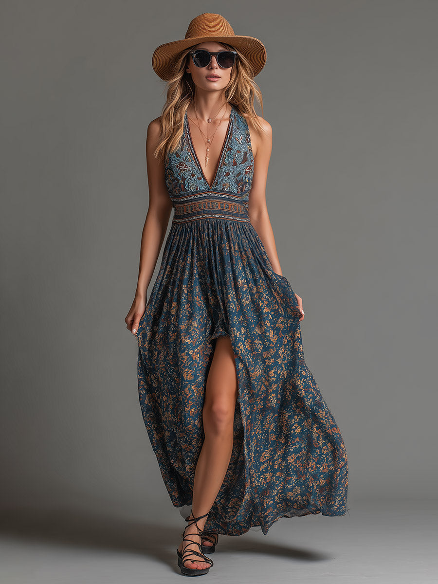 Women's Floral Chiffon Maxi Dress with Tiered Skirt