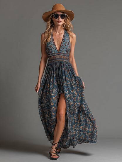 Women's Floral Chiffon Maxi Dress with Tiered Skirt