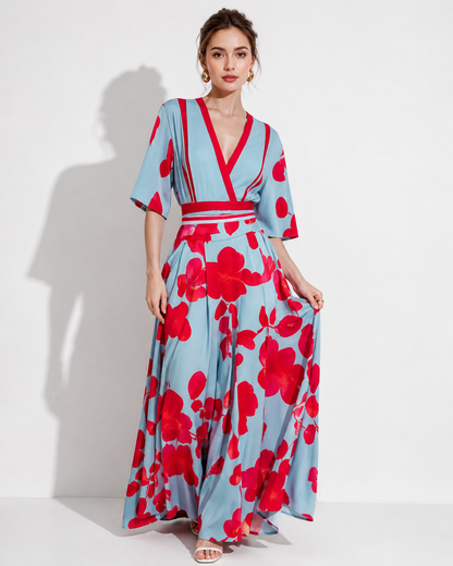 Women's Floral Maxi Dress with Kimono Sleeves and Tie Waist