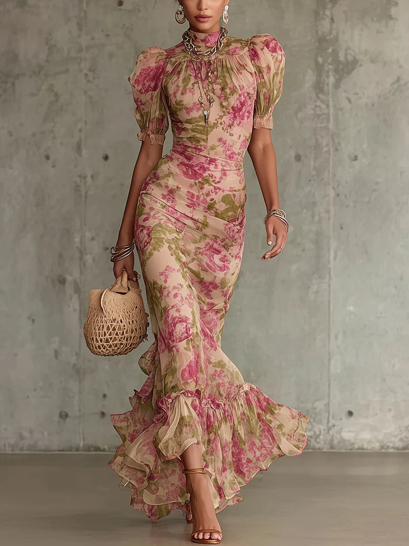 Women's Floral Mermaid Maxi Dress with Puff Sleeves