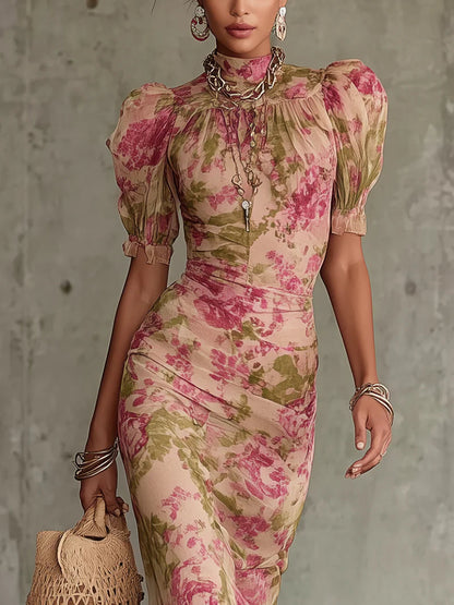 Women's Floral Mermaid Maxi Dress with Puff Sleeves – view 2