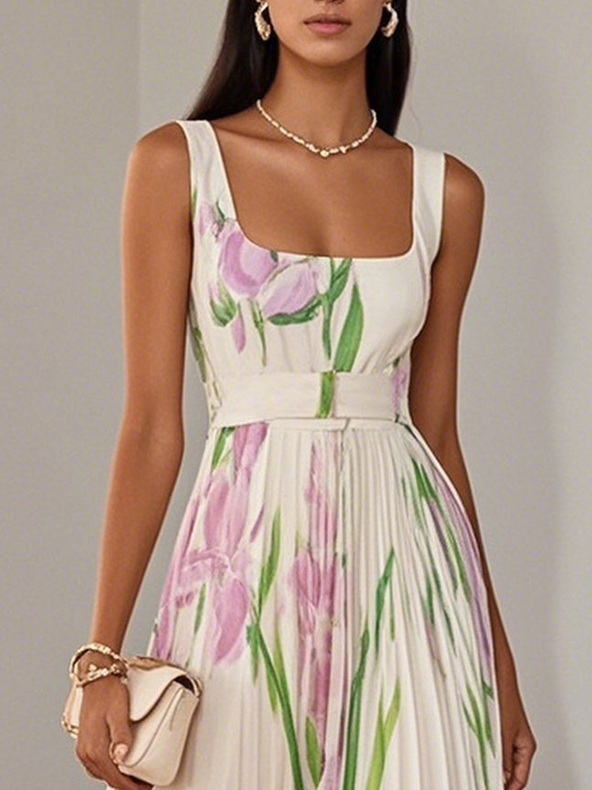 Women's Floral Pleated Maxi Dress with Square Neckline – view 2