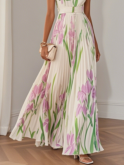 Women's Floral Pleated Maxi Dress with Square Neckline – view 3
