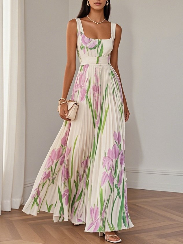 Women's Floral Pleated Maxi Dress with Square Neckline – view 4