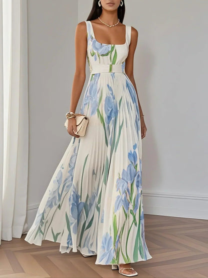 Women's Floral Pleated Maxi Dress with Square Neckline – view 5