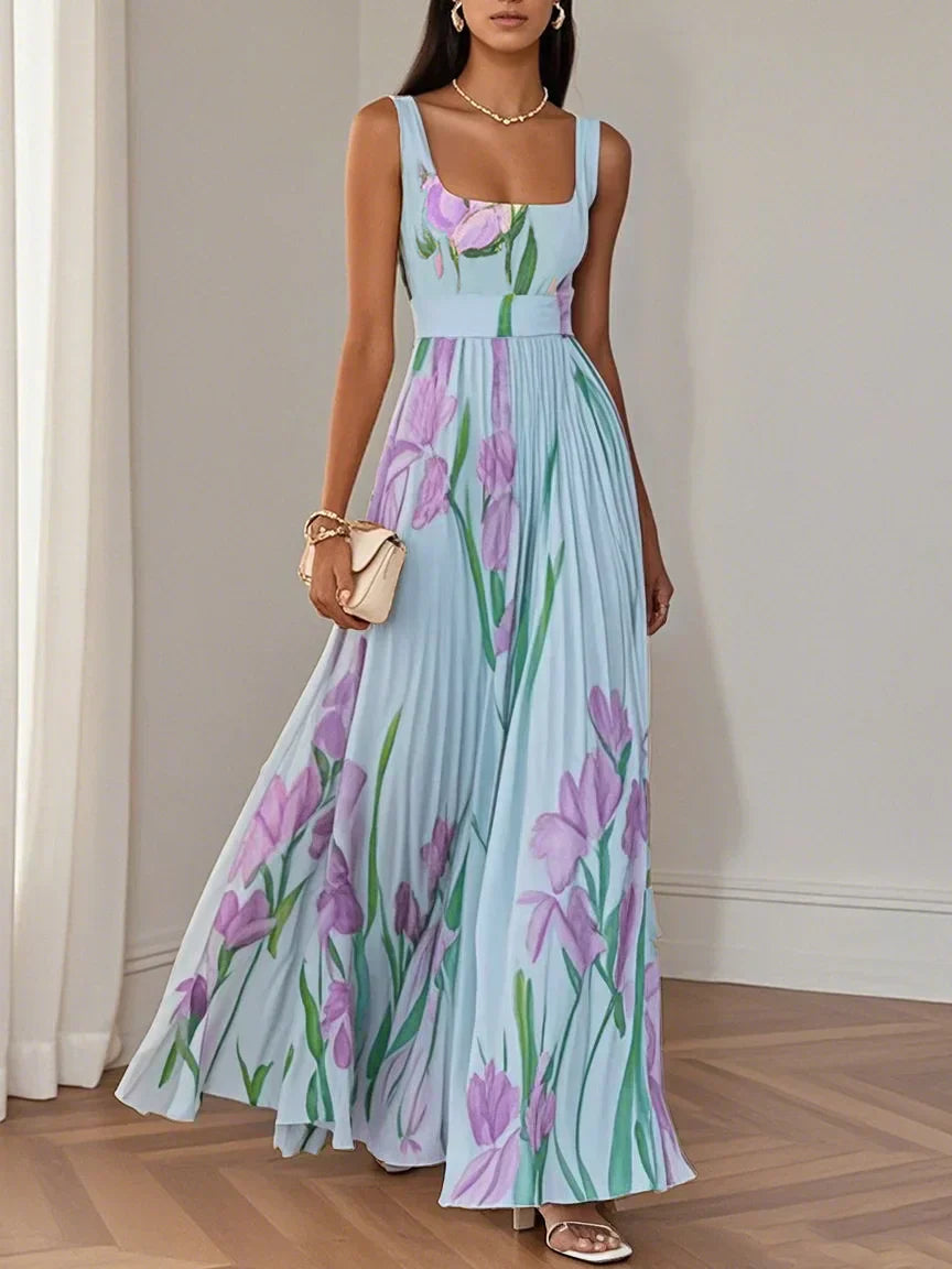 Women's Floral Pleated Maxi Dress with Square Neckline – view 6