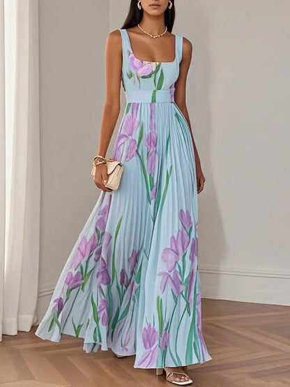 Women's Floral Pleated Maxi Dress with Square Neckline – view 6