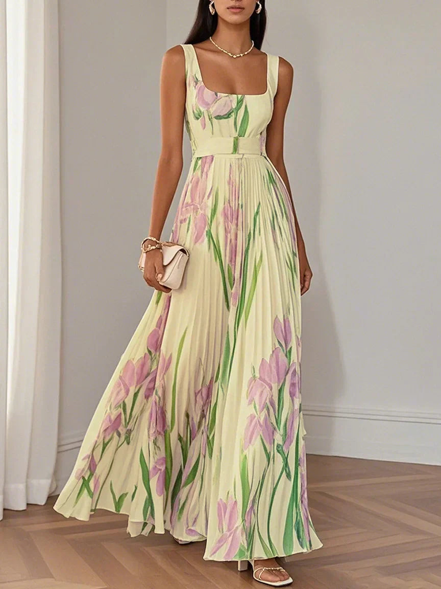 Women's Floral Pleated Maxi Dress with Square Neckline – view 7