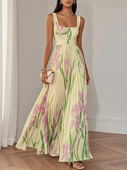 Women's Floral Pleated Maxi Dress with Square Neckline – view 7