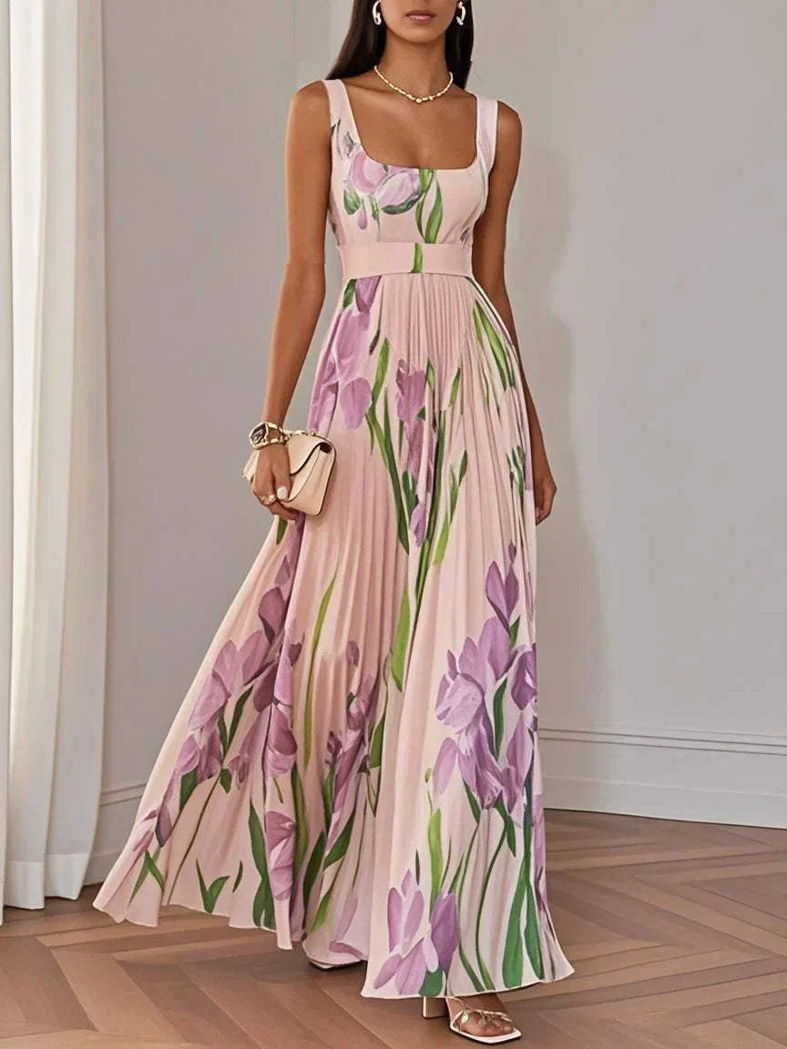 Women's Floral Pleated Maxi Dress with Square Neckline – view 8