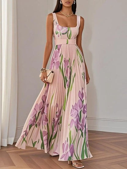 Women's Floral Pleated Maxi Dress with Square Neckline – view 8