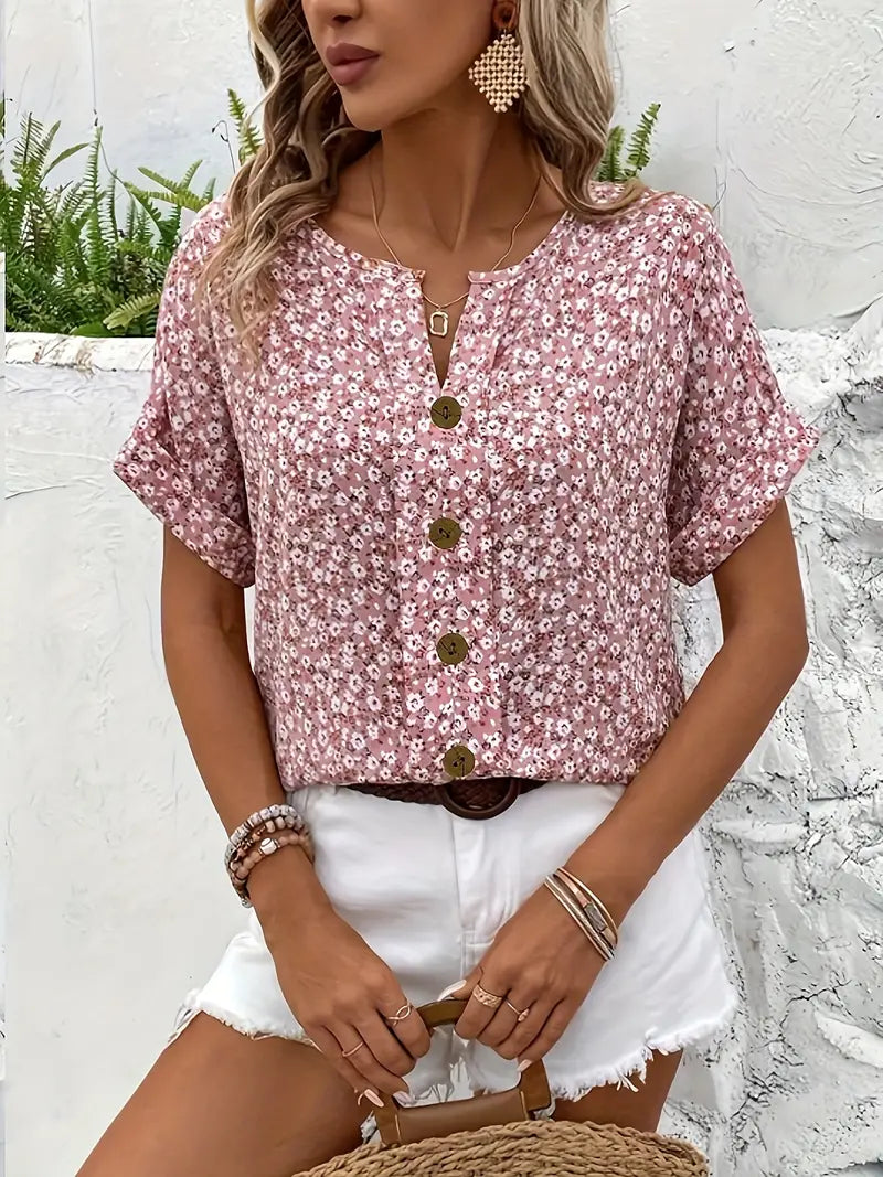 Women's Floral Print Short Sleeve Button-Up Blouse-5