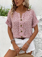 Women's Floral Print Short Sleeve Button-Up Blouse-5