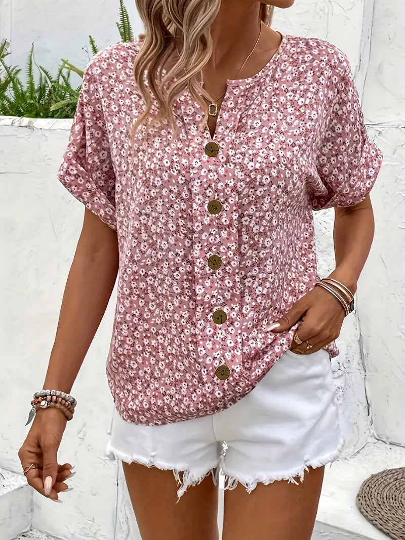 Women's Floral Print Short Sleeve Button-Up Blouse-3