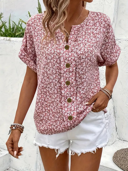 Women's Floral Print Short Sleeve Button-Up Blouse-3